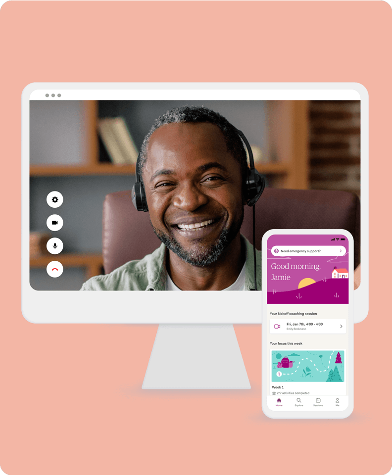 Image of a computer screen and mobile phone showing AbleTo software