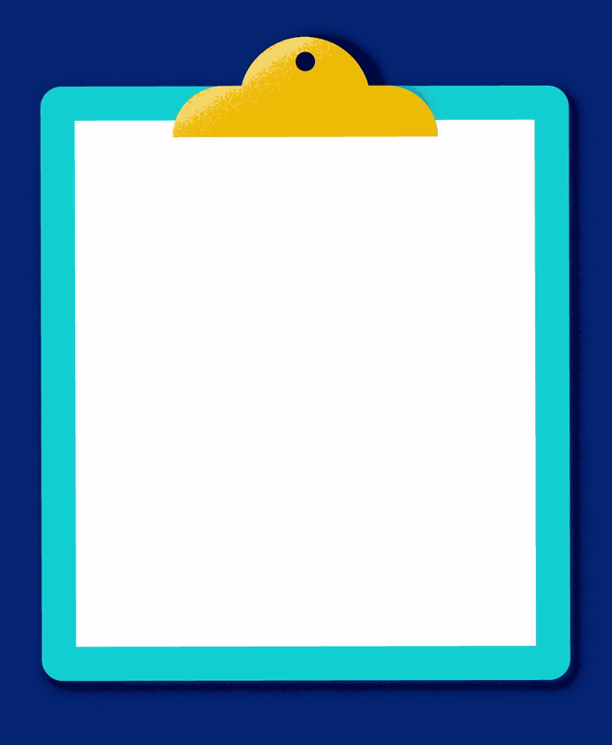 Animation of checklist on a clipboard. A hand reaches in and makes a check mark. 